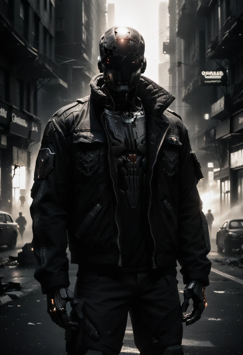 Dark_Fantasy,Cyberpunk, (Best quality, Masterpiece),white,1man,Mechanical marvel,Robotic presence,Cybernetic guardian,wearing a cybernetic jacket,city, highest quality digital art, Stunning art, wallpaper 4k, highly detailed, military robot,army, warzone,black and white, highest quality digital art, Stunning art, wallpaper 4k,8k,k, HD, unparalleled masterpiece, dynamic lighting, cinematic, epic, damaged mechanical parts