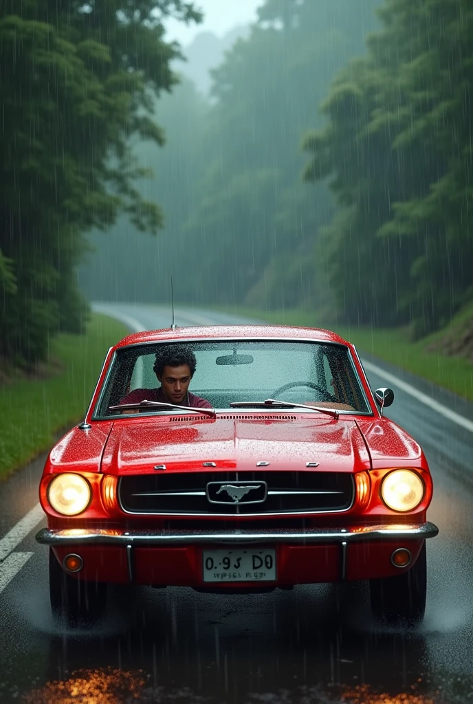 Red car with rain drive a young man