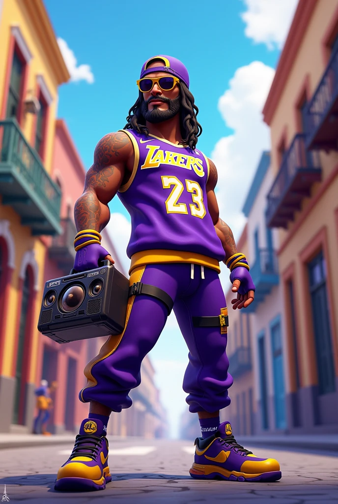 Papi Micki in Cartagena, Fortnite style, with Lakers clothes and a speaker ready for the cell tournament