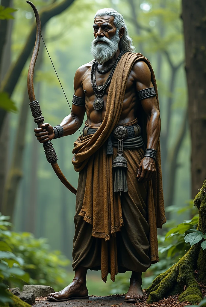 10 feet statue of guru Dhronacharya in a forest with bow and arrow in mythological theme with oldman skin of 60 years with average unfit body