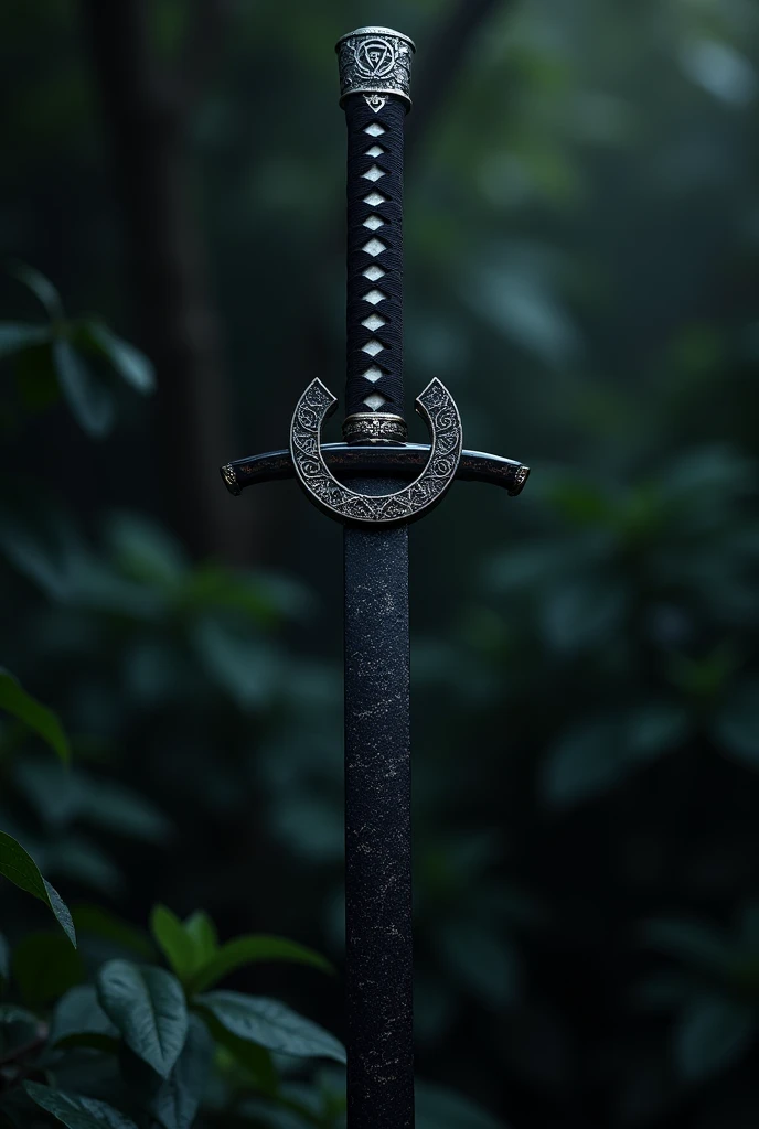 A katana with a blade as black as a starless night.. smoke (hand protectors) circular shape with flowing wave design, symbolizes the unstoppable flow of time. The handle is covered in black cloth with a silver woven pattern that shimmers faintly..