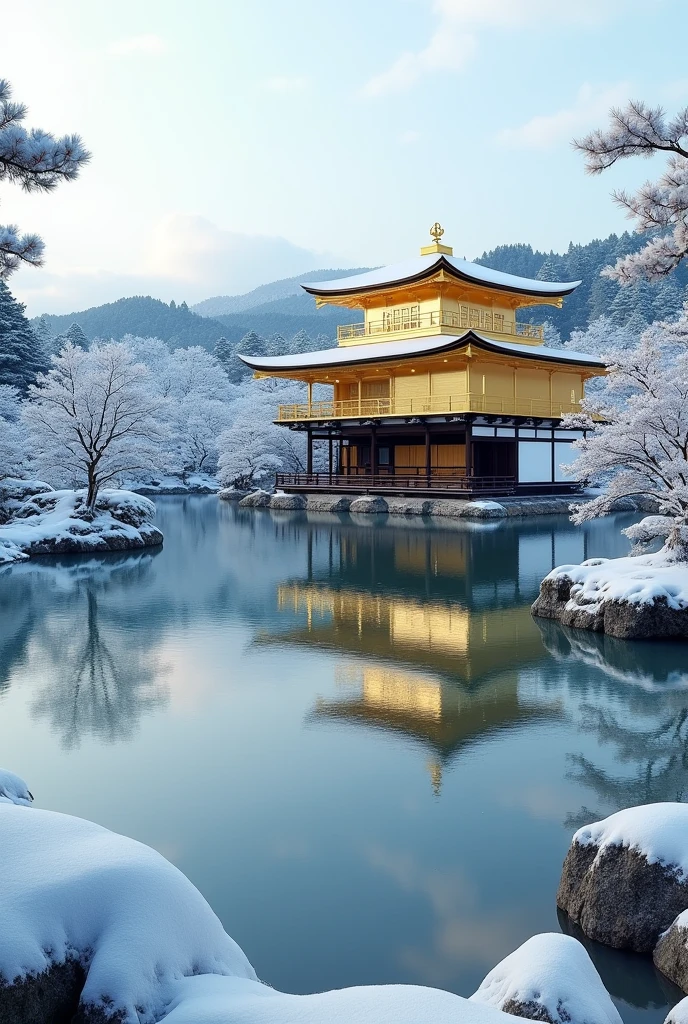 Kinkakuji Temple, pond, snowy landscape, 