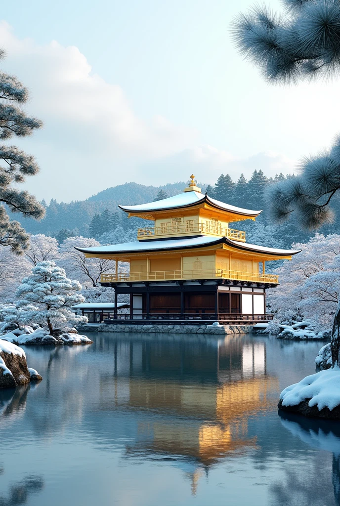 Kinkakuji Temple, pond, snowy landscape,