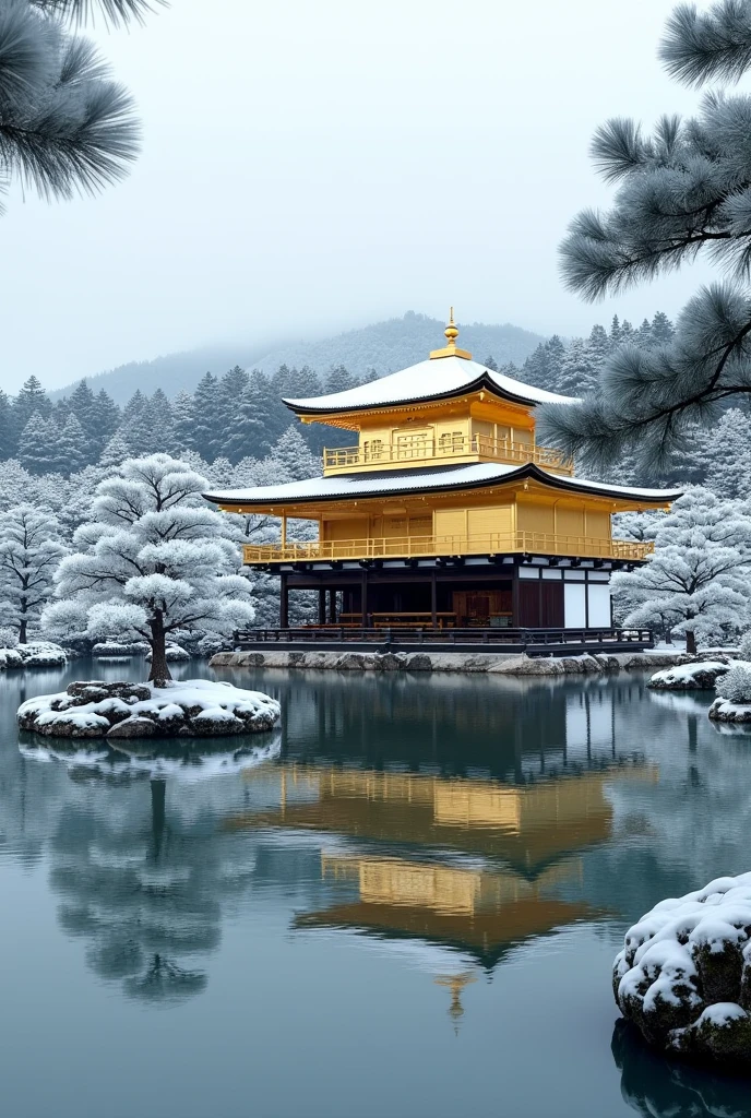 Kinkakuji Temple, pond, snowy landscape,
