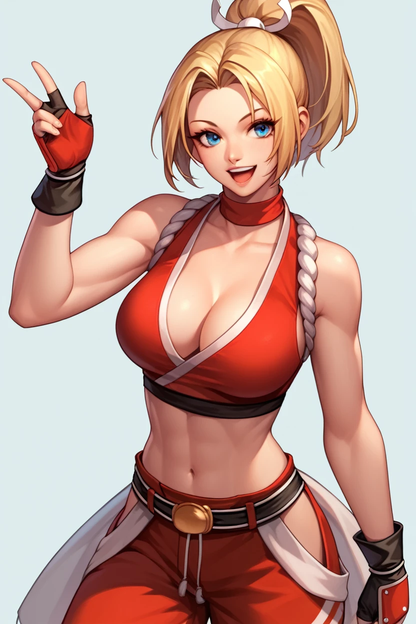 Score_9, score_8_up, score_7_up,score_6_up, score_5_up, score_4_up , 1girl, solo, PonyShiranui, japanese clothes, revealing clothes, cleavage, high ponytail, bmarydg,, blonde hair, short hair, blue eyes,, sleeveless turtleneck, sleeveless, baggy pants,  loose belt, crop top, blue_Pants, fingerless gloves, happy, cowboy shot, simple background