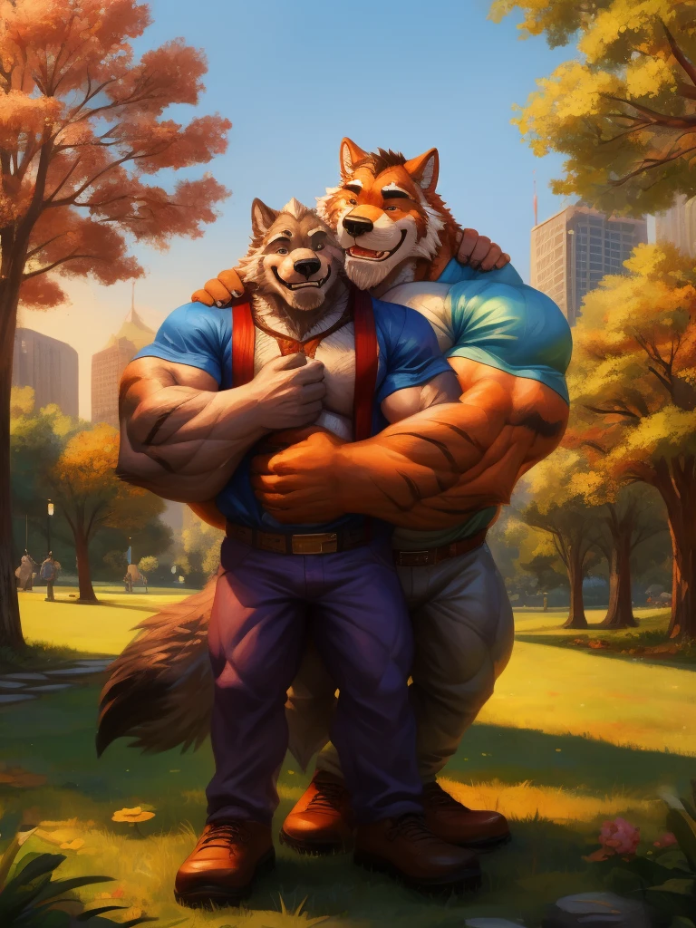 masterpiece, 4K, detailed, soft color, Vintage images, highres, park, absurdres, love story of human old man and giant huge Muscular furry wolf, hug, hugging, pair, Height difference, Physical difference, perfect anatomy, smile, joyful, play with, smile, happy