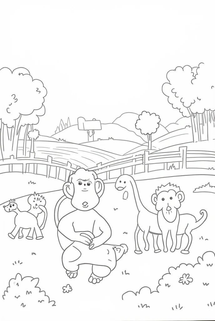 Simple line drawings of florest animals like monkey, . Include florest elements like wooden fences, barns, and fields. The style should be easy for children to color