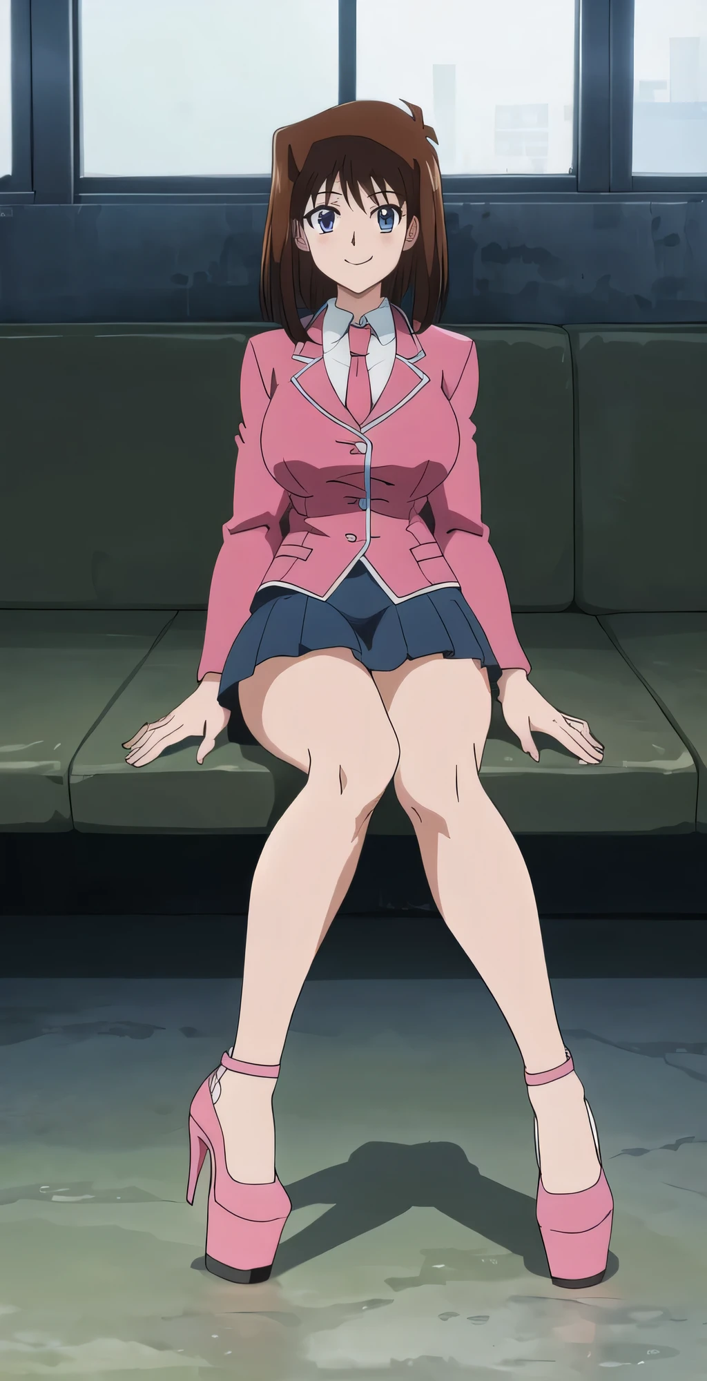 tg, Girl, alone, portrait, Viewers look at, smile, Pink Blazer, necktie, Blue miniskirt, perfect quality, good quality, masterpiece, HDR, uhd, spread legs,big boobs, sitting, Feet, five toes, five fingers, best quality, white stockings, platform pumps High Heels