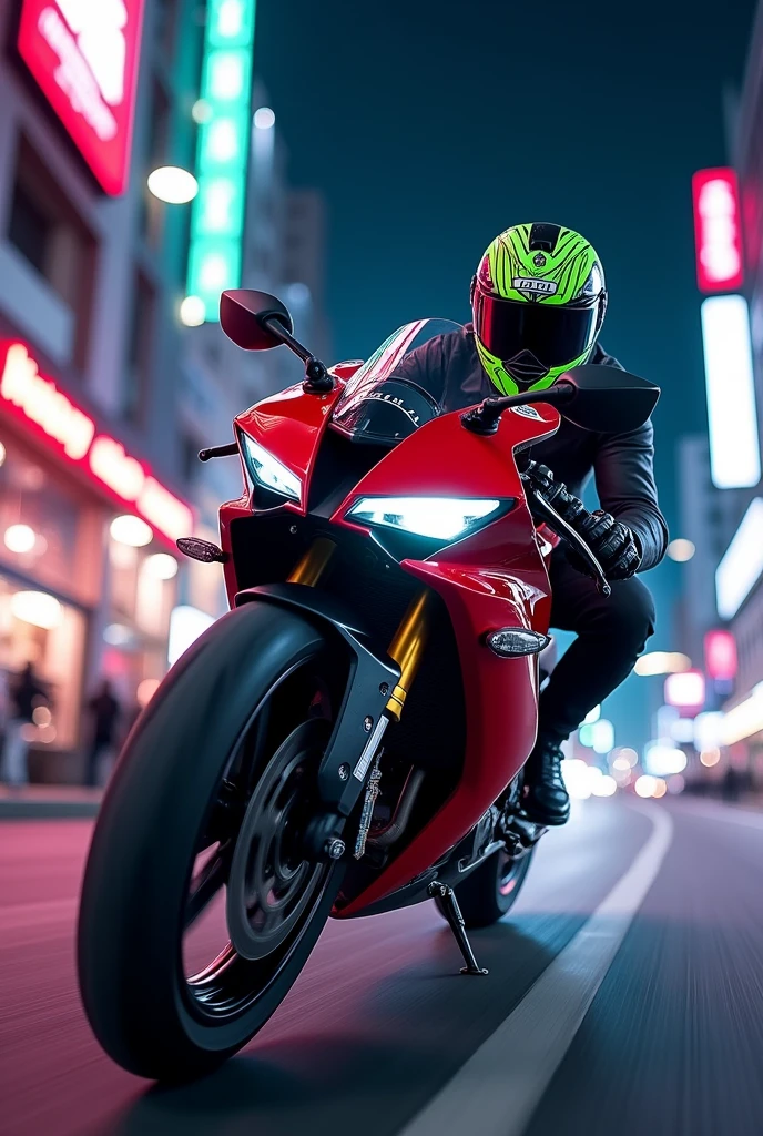 Indian Yamaha R15 version 4 red colour driving with green and grey striped helmet in city with neon light