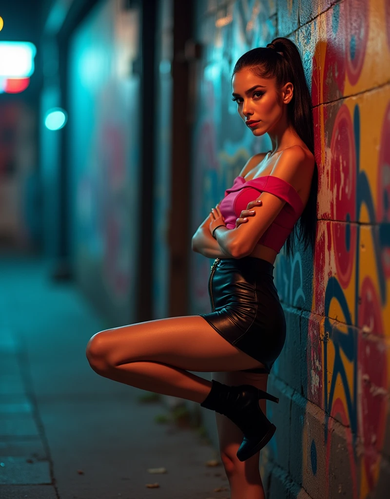 The full-body shot features her against a dimly lit, trendy urban street with graffiti art. She wears a high-waisted leather mini skirt paired with a fitted, off-the-shoulder crop top. Her warm ivory skin contrasts vividly with the dark leather. Her black hair is styled in a sleek, high ponytail. She leans against a graffiti-covered wall with one leg propped up and her arms crossed, exuding a chic and edgy vibe. The street lighting highlights the texture of her outfit and the cool, urban atmosphere.