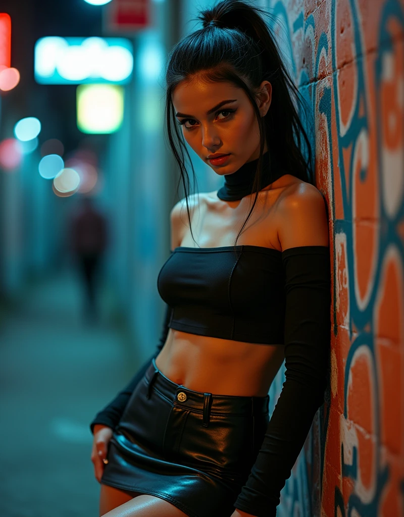 The full-body shot features her against a dimly lit, trendy urban street with graffiti art. She wears a high-waisted leather mini skirt paired with a fitted, off-the-shoulder crop top. Her warm ivory skin contrasts vividly with the dark leather. Her black hair is styled in a sleek, high ponytail. She leans against a graffiti-covered wall with one leg propped up and her arms crossed, exuding a chic and edgy vibe. The street lighting highlights the texture of her outfit and the cool, urban atmosphere.