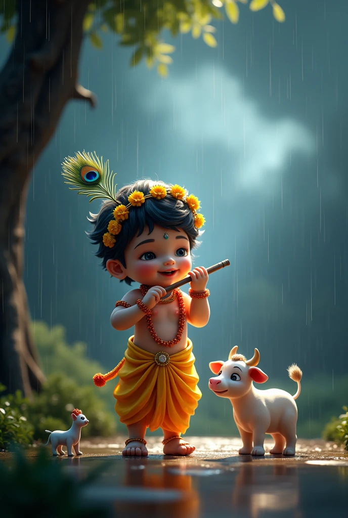 (photorealism:1.2), A 3D render of a medium shot of a cute  Krishna with a peacock feather in his hair, singing a flute. He is wearing a yellow dhoti and a flower garland. He is with his friend Radha and a cow cub. They are all enjoying the rain under a tree. The background is filled with dark clouds and rain. The lighting is dramatic, with a bright spotlight on Krishna and a dark background.