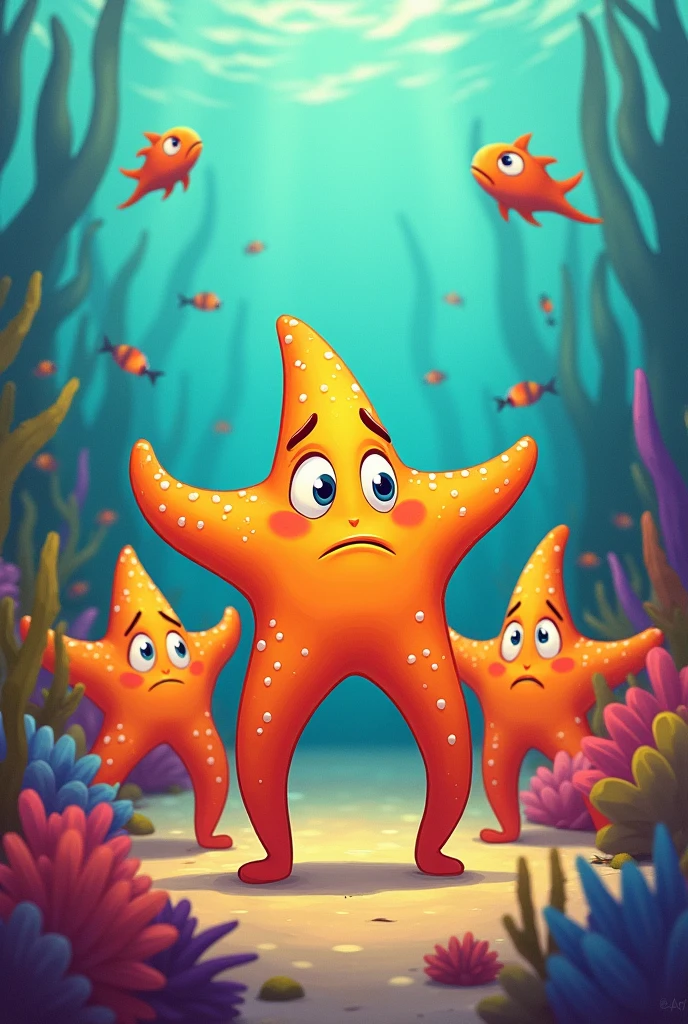 Illustration: Sandy surrounded by other starfish, looking worried but determined.