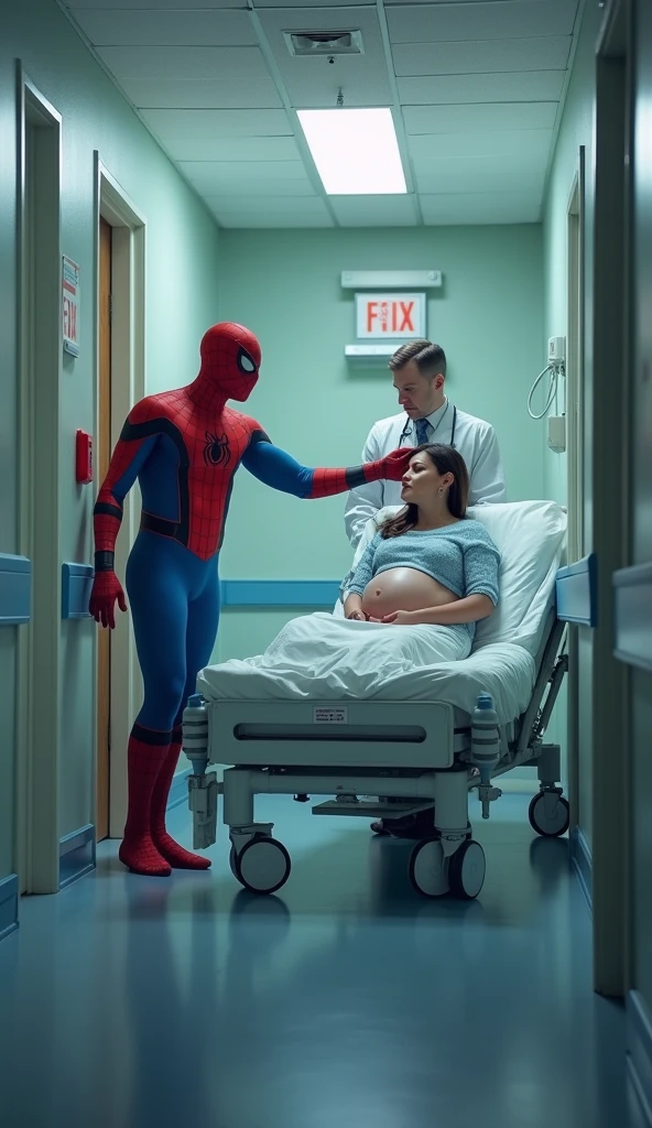 scene of spiderman pushing a pregnant woman on a hospital bed with a nurse in the hospital hallway(fantasy)