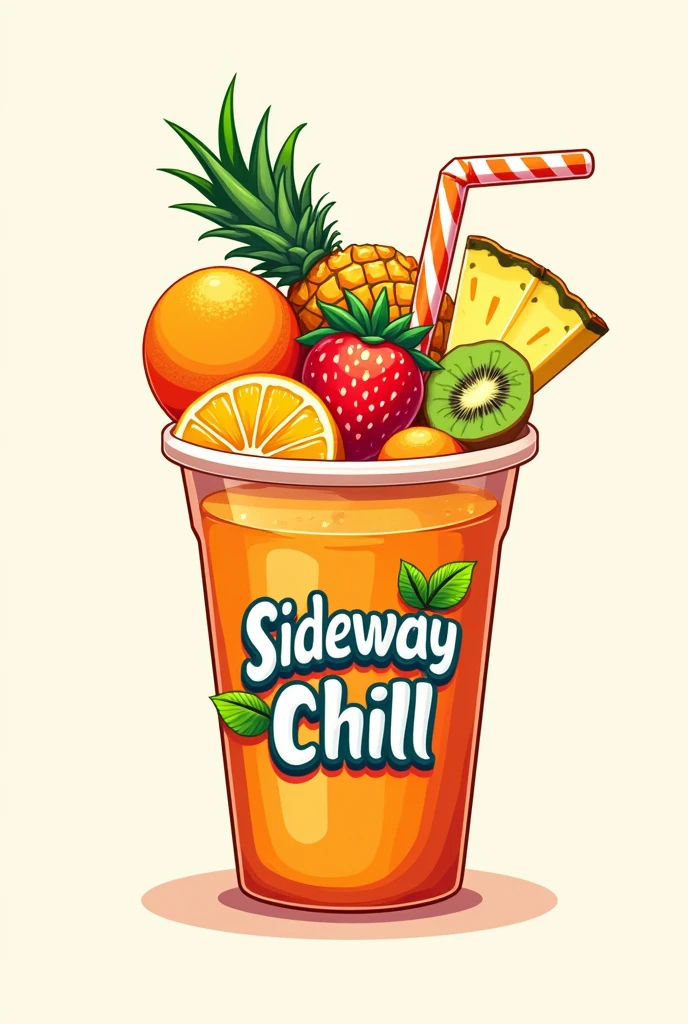 Make me a logo for my Fruit tea drinks store include the name "Sideway Chill" and include a Plastic cup with straw in the design with lively creative fruits design