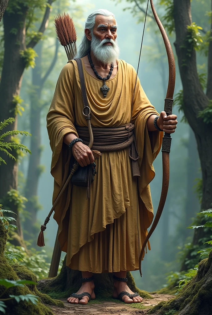 10 feet statue of guru Dhronacharya in a forest with bow and arrow in mythological theme with oldman skin of 60 years with average unfit body in front angle