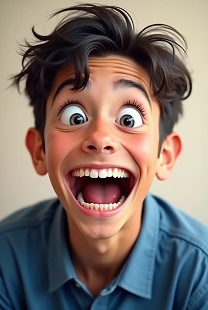 It features a young man with a big smile on his face, his mouth wide open and his eyes wide open, as if he is excited or surprised. He is wearing a blue collared shirt and has short dark hair.