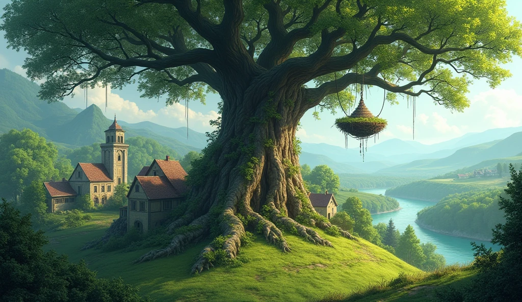 The image of the old village with the lots of trees and one of the tree is so majestic, old and beautiful and this majestic tree has beautiful nest