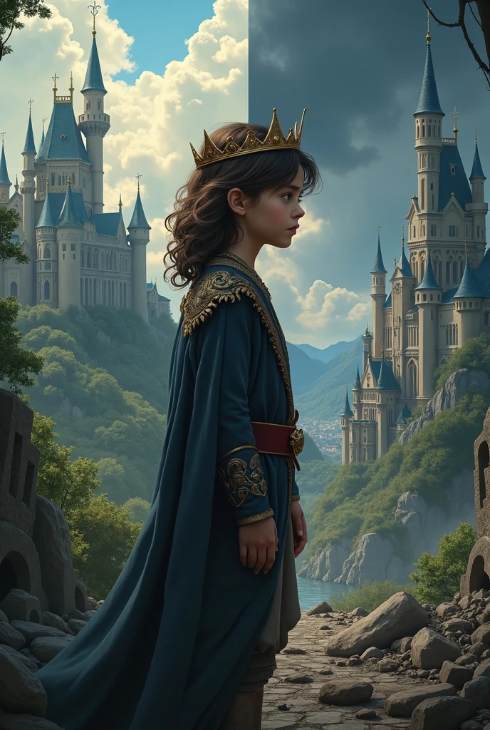 

center image: The Child Prince Age: Approximately 10-.
body hair: long and wavy.
tails: Golden and simple, resting on the head.
expression: Contemplative or slightly sad.
Position: slightly in profile, looking at the prosperous side of the kingdom, but with part of the face visible to the viewer.
split bottom: Prosperous Kingdom vs. Devastated Kingdom Prosperous Side:
elements: castles, tall towers, green landscapes with trees and flowers, and a clear blue sky.
colors: Vibrant and hot, like green, blue and gold.
Devastated Side:
elements: Castle ruins, burnt or twisted trees, debris and scattered stones, and a dark, cloudy sky.
colors: Dark and cold tones, like gray, black and dark blue.
styled: Dark and Epic Lighting: subtle, highlighting the prince and the crown, creating an interesting contrast with the background.
texturas: Add stone or weathered metal textures for depth.
Finishing:

Balancing: The background should not obscure the figure of the prince., maintaining a balance between all elements.
The transition between the prosperous and devastated side can be done with a disintegration or cracking effect..
