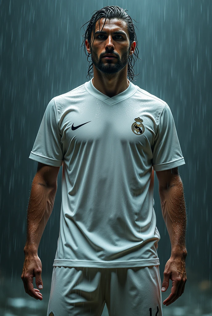 Luka modric in completely soaked white clothes standing in the heavy rain. His hair is wet