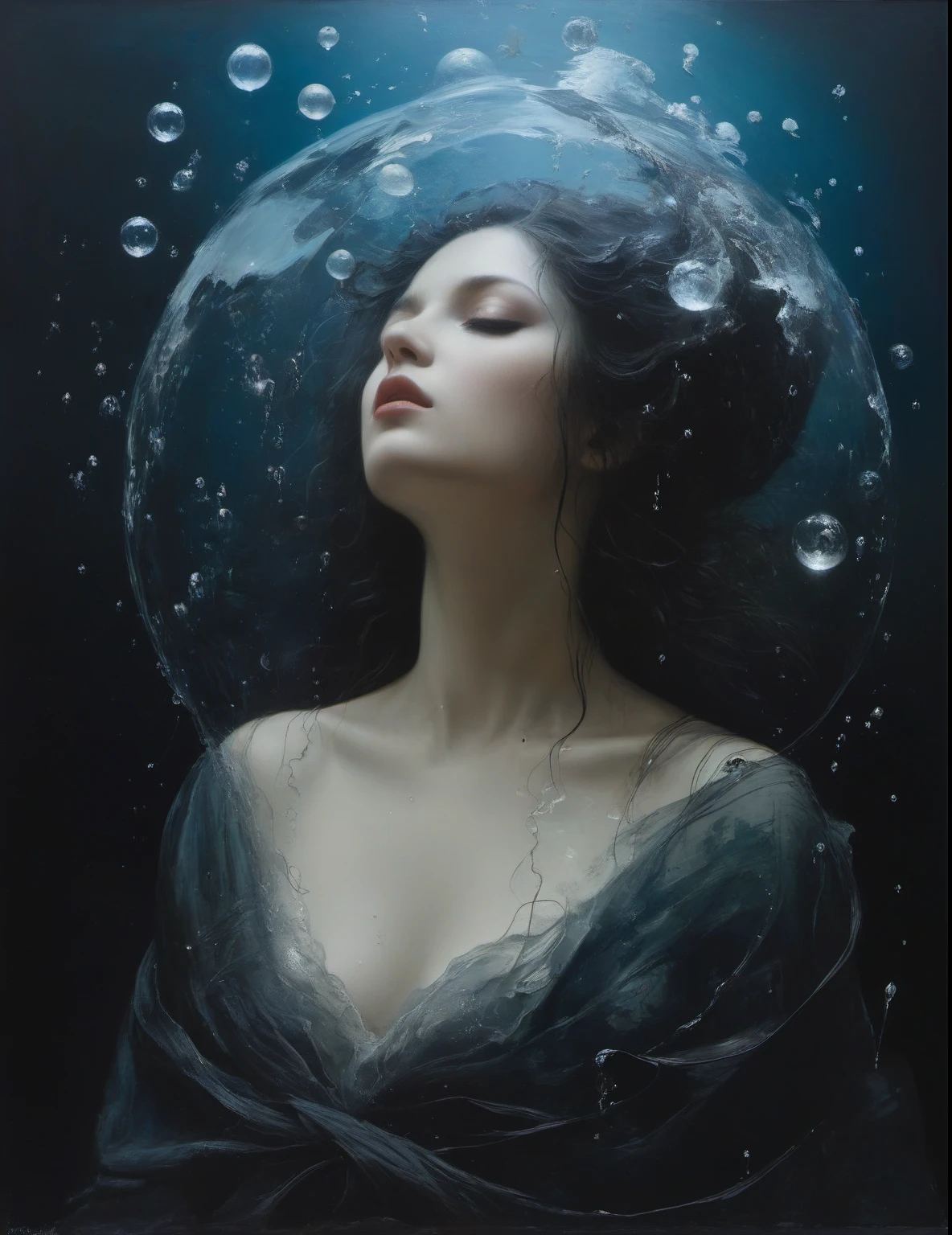 James Gurney, Surrealist art , dream-like, mysterious, Provocative, symbolic, Complex, detailed,, (Gothic but very beautiful:1.4), (masterpiece, Highest quality:1.4) , Nicola Samori Style, Siren Kissed by the Moon、Sea Witch、Water bubbles