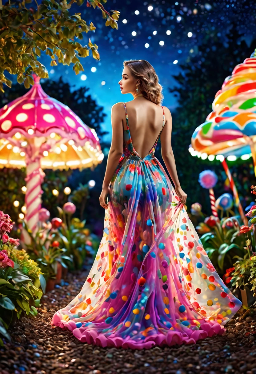 a detailed photo of BarbaraEvenot in a sheer colorful gown without underwear, strolling through a candy land garden in full bloom on a moonlit night, sultry poses, mainly viewed from behind, best quality,4k,8k,highres,masterpiece:1.2,ultra-detailed,realistic,photo-realistic:1.37,HDR,UHD,studio lighting,ultra-fine painting,sharp focus,physically-based rendering,extreme detail description,professional,vivid colors,bokeh,portrait