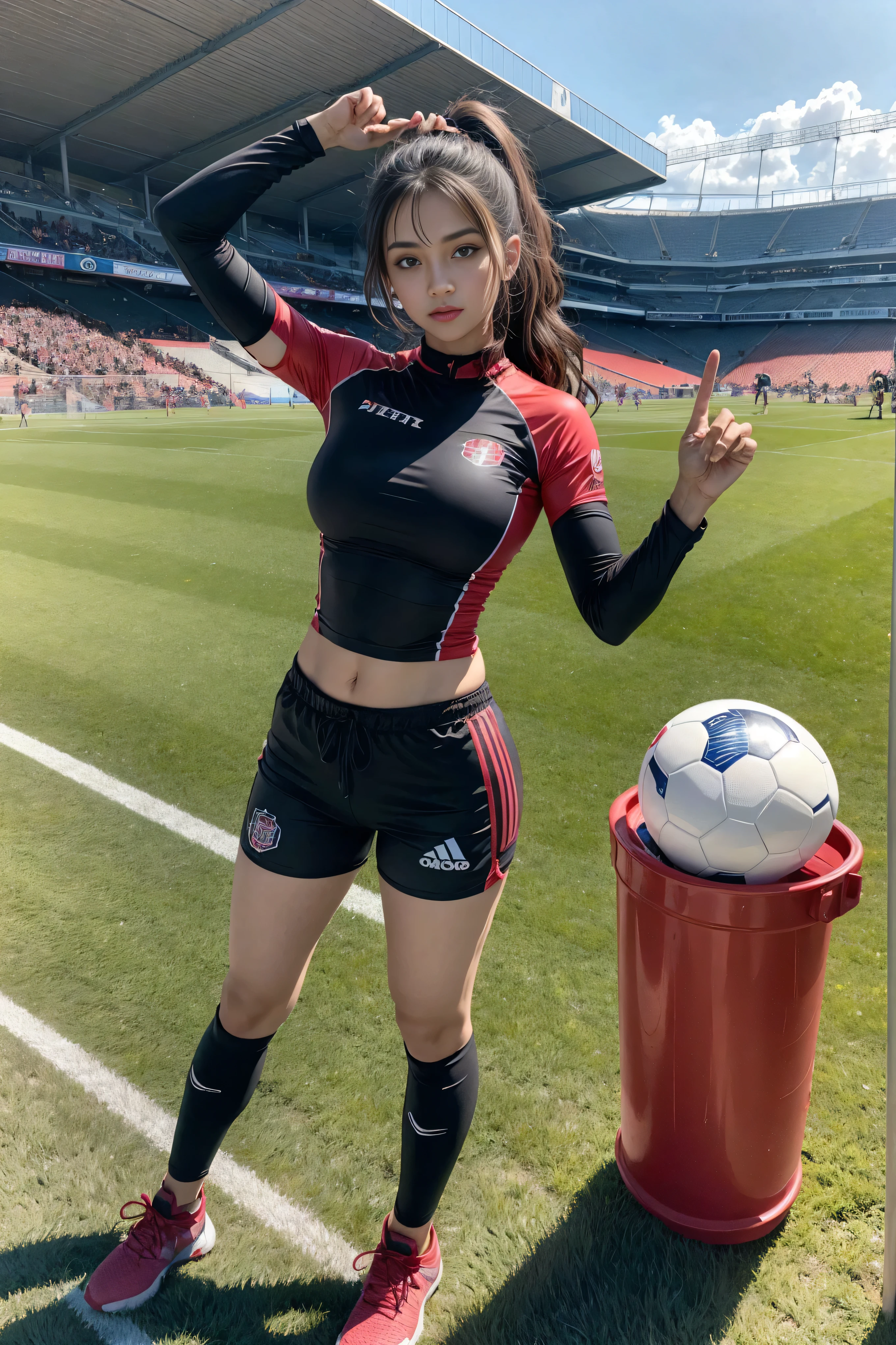 Arav woman poses in a diving suit at a football match, and shorts streetwear, Sports Fashion Photography, Sports and shorts, Hero Muay Thai Pose, MMA Left Hand Posture, shorts, Sports and Shirt, mina petrovic, mandy jurgens 8 k 1 5 0 mpx, Short stature, Victoria Gavrilenko