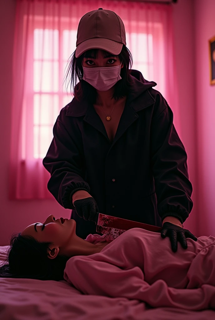 korean girl, (behind stiff, holding knife), stabbing, surgical mask, black gloves, pink room, black raincoat, trucker hat, bloody knife, black gloves, woman on top, behind cadaver, blood splatter, on the bed, looking at viewer, mass murderer, killer, blood splatter, dark atmosphere, cinematic lighting, atmospheric realistic, light from the window,
