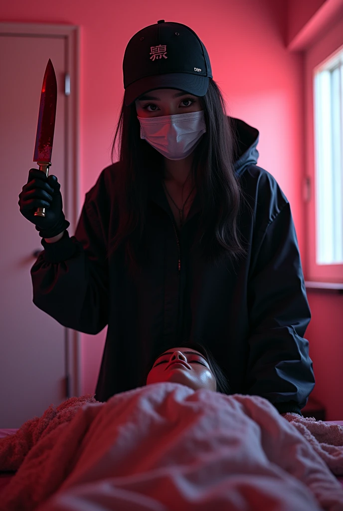 korean girl, (behind stiff, holding knife), stabbing, surgical mask, black gloves, pink room, black raincoat, trucker hat, bloody knife, black gloves, woman on top, behind cadaver, blood splatter, on the bed, looking at viewer, mass murderer, killer, blood splatter, dark atmosphere, cinematic lighting, atmospheric realistic, light from the window,
