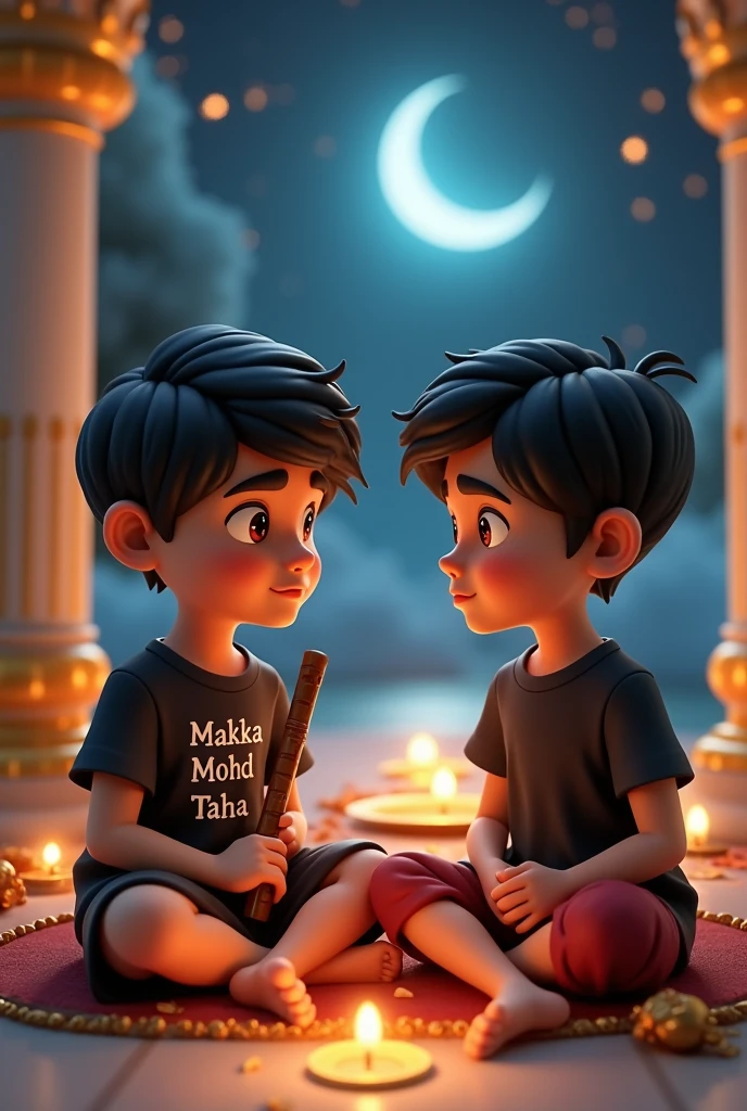 Create 3D image of  Indian devotional boy sitting next to makka mohd taha and boy is seeing flute, they both are on sitting and sitting is nicely decorated and standing together, boy is wearing black color T-shirt with name “mohd taha ” written on it, heaven like beautiful scene background, star moonrealistic image and boy is bare feet.