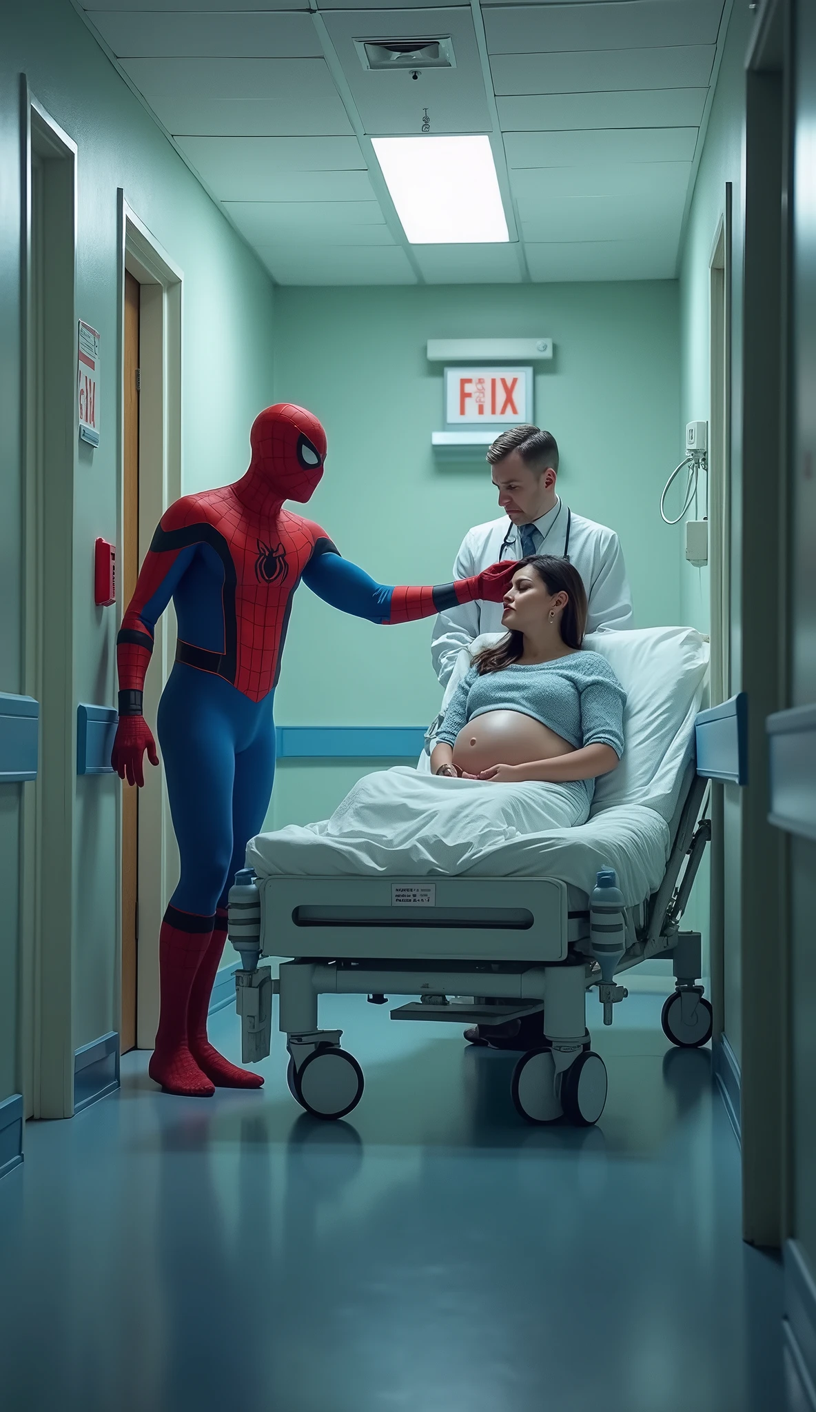 scene of spiderman pushing a pregnant woman on a hospital bed with a nurse in the hospital hallway(fantasy)
