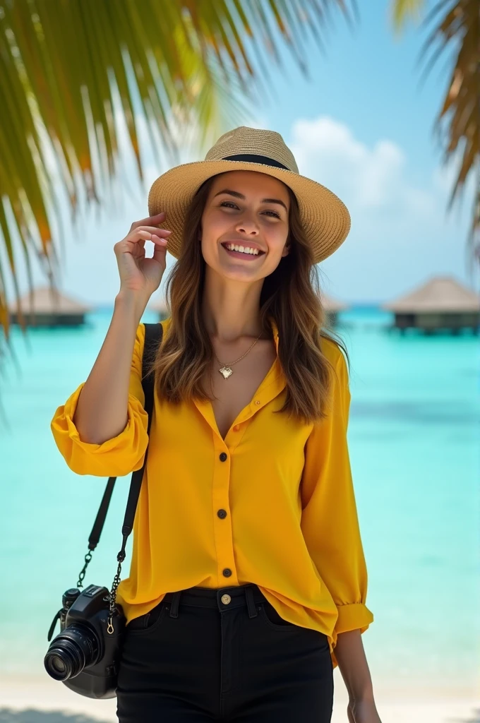 Make a photo a full real human girl who is wearing Yellow full shirt and black pant and who have hat and her one hand is touches her hat and other hat has airticket and passport with hanging Camera. Maldives Background 