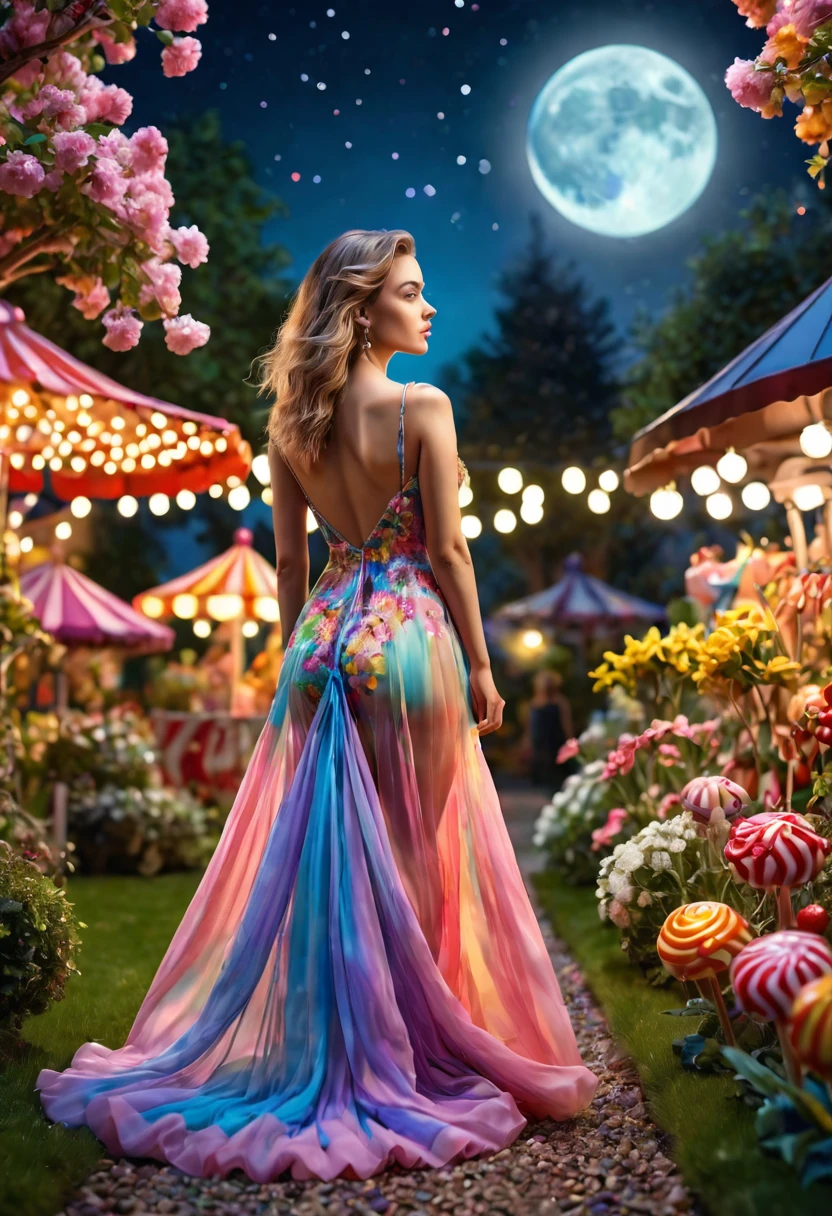 a detailed photo of BarbaraEvenot in a sheer colorful gown without underwear, strolling through a candy land garden in full bloom on a moonlit night, sultry poses, mainly viewed from behind, best quality,4k,8k,highres,masterpiece:1.2,ultra-detailed,realistic,photo-realistic:1.37,HDR,UHD,studio lighting,ultra-fine painting,sharp focus,physically-based rendering,extreme detail description,professional,vivid colors,bokeh,portrait