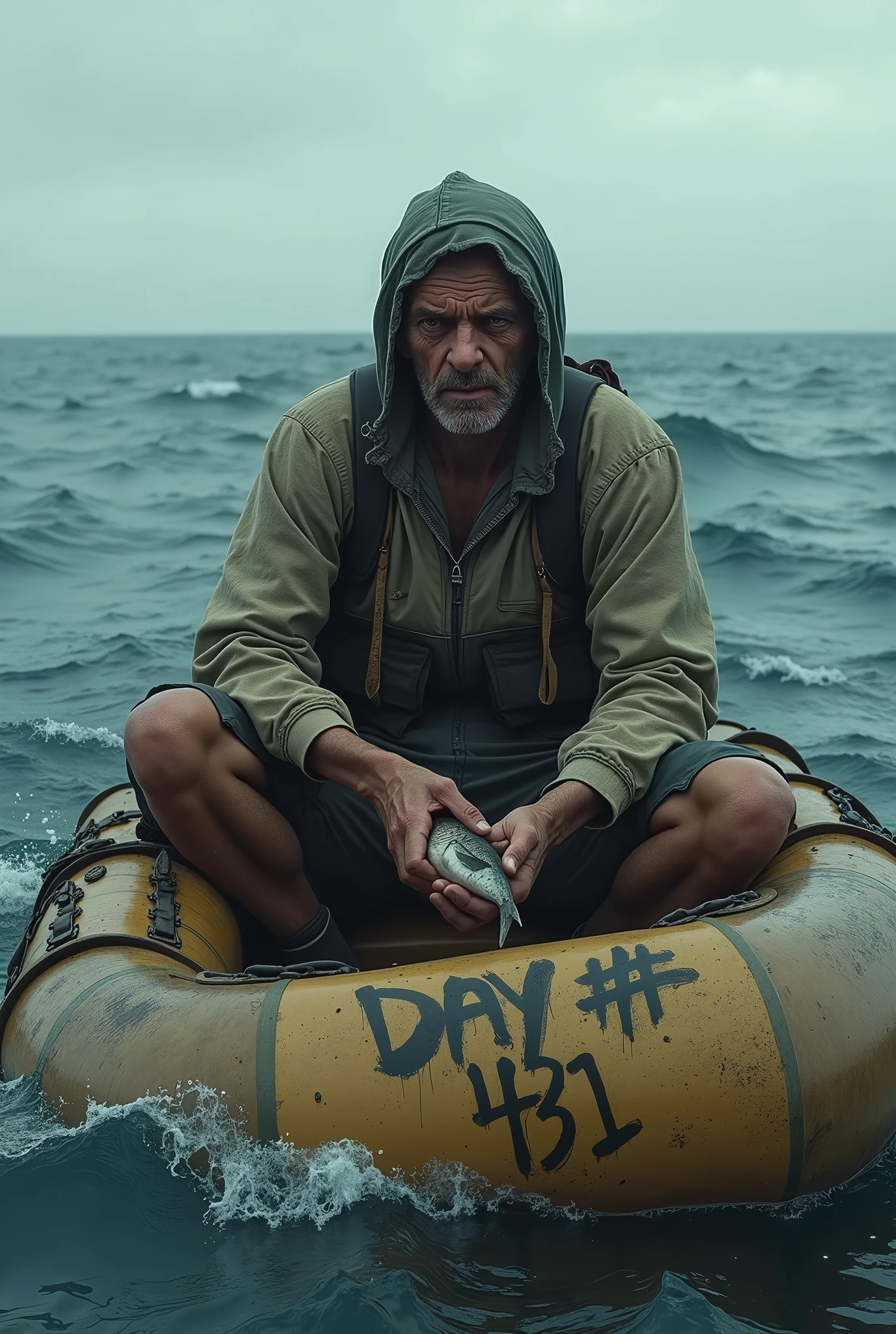 This image likely represents a scene of survival, perhaps someone stranded at sea for a long time. The "DAY # 431" suggests that this person has been in this situation for 431 days, emphasizing the struggle and endurance. The fish in his hands might signify a rare success in finding food after a long period, contributing to the narrative of survival.