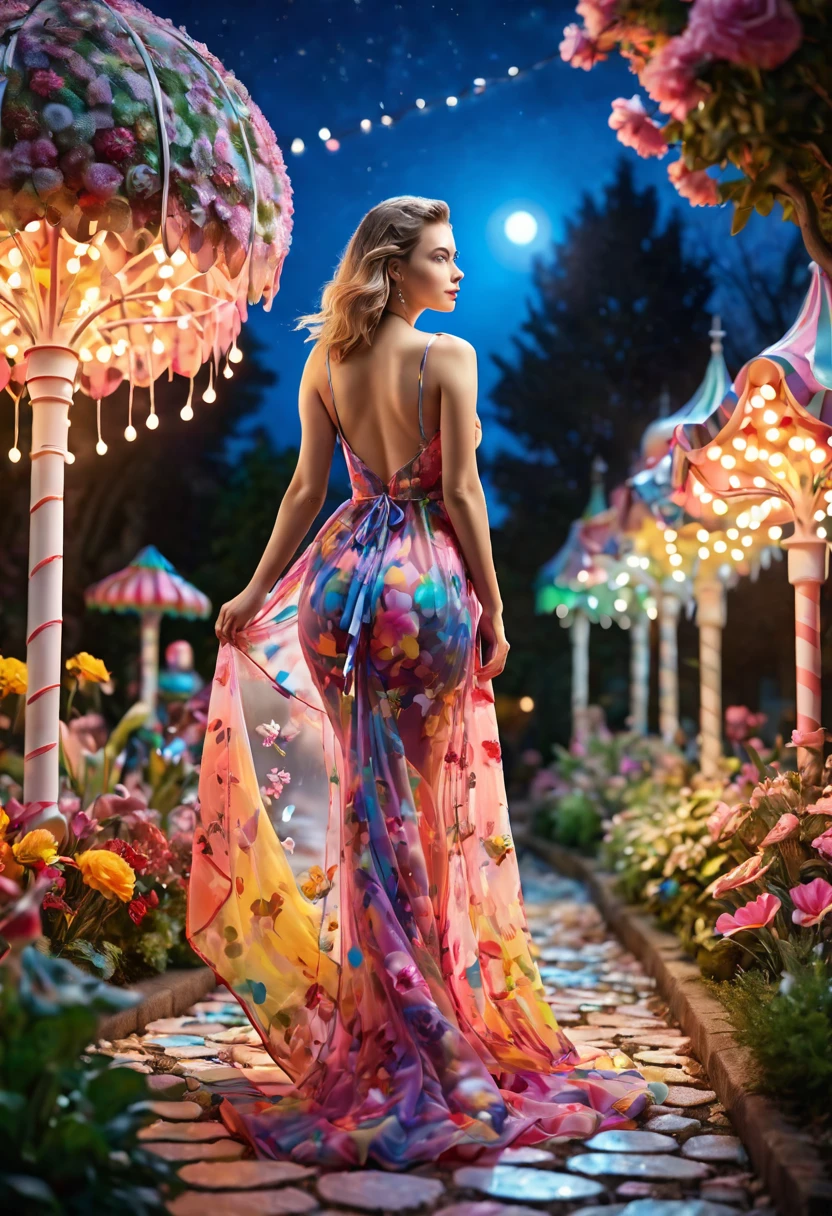 a detailed photo of BarbaraEvenot in a sheer colorful gown without underwear, strolling through a candy land garden in full bloom on a moonlit night, sultry poses, mainly viewed from behind, best quality,4k,8k,highres,masterpiece:1.2,ultra-detailed,realistic,photo-realistic:1.37,HDR,UHD,studio lighting,ultra-fine painting,sharp focus,physically-based rendering,extreme detail description,professional,vivid colors,bokeh,portrait