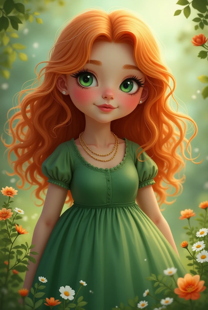 Chubby girl, green eyes, ginger hair, wavy hair, green dress