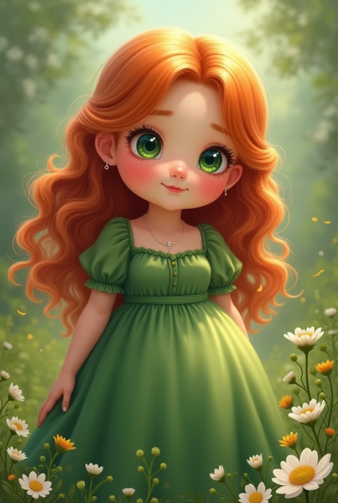 Chubby girl, green eyes, ginger hair, wavy hair, green dress