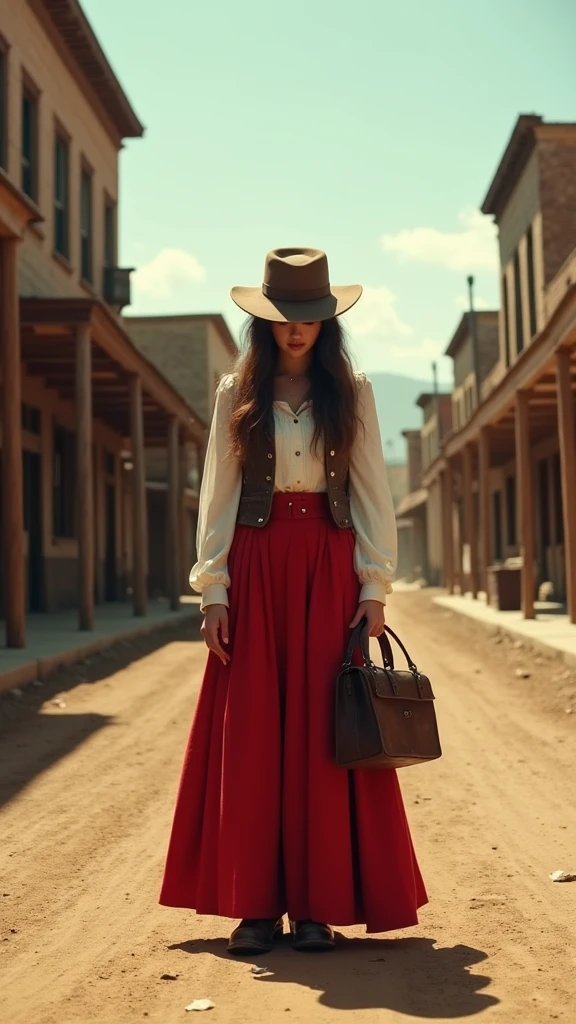 A Western Scene from the 1870, female long brown hair, head down hide by her hat, standing in the middle of the dirty town in 1880s, she is a doctor as the dr Quinn style, wearing a doctor's bag, in a old street town in the paramouth ranch colorado. The scene is captured in a dramatic, almost cinematic style, with bold colors and strong contrasts.(she wears long red skirt) and white puffy shirt with a vest. left light Résolution UHD, détail réaliste, réflexions réalistes, Ombres réalistes, 3D, chef-d&#39;œuvre, art 