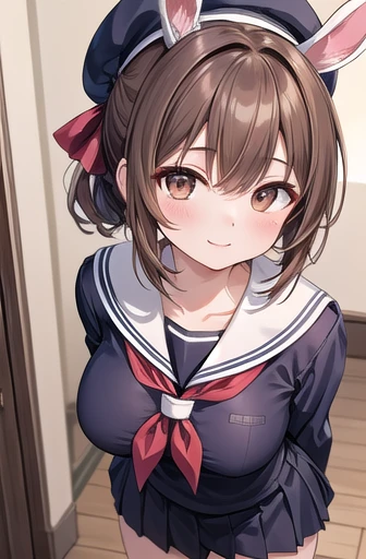 Solo Girl,20-year-old, From above,Medium Hair,ponytail,View your viewers, Brown Hair, Brown eyes, Close one eye,Mid-chest,Bunny ear beret,Happy,Pleated skirt,Sailor suit,indoor,School,Highest quality, High resolution, Very detailed, Detailed Background, Perfect lighting,Large Breasts