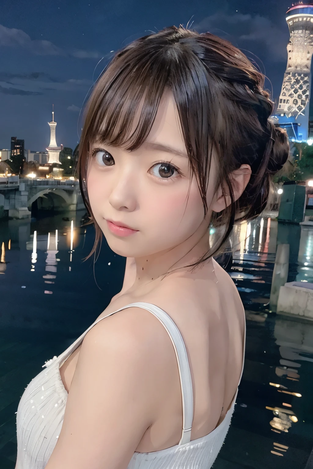 8K, RAW Photo, Best Quality, Masterpiece, Realistic, PhotoRealistic, Extremely Detailed 8k Wallpaper, Beautifully Detailed Eyes, Finely Detailed Face, 
 BREAK 
Professional Lighting, 
 BREAK 
(((s-bridge + building + city lights + cityscape + scenery + reflection + s-river + t-skytree + sparkle + night + illumination:1.7))), 
 BREAK 
Perfectly Anatomically Correct:1.4, 
 BREAK 
1 Girl, 
Very Short Hair Bun:1.2, Symmetrical Clear Eyes:1.1, Captivating Eye Reflections:1.1, 
[[(Kawaii), [Japanese], Wide-Set Eyes, Big Eyes, Tareme, (White Skinned), Embarrassed, Blush, Very White Skinned, 1, 
(Round Face, Round Chin), Wet Hair, Messy Hair, Open Mouse Slightly, [Pouted Cheek], 
Cheerful, 
Wearing Random SHIMAMURA Summer Clothes, 
Looking Back Viewer]], 
 BREAK 
SFW:1.0, 
 BREAK 
Distant View:1.6, Wide Shot:1.2, Bokeh:1.2