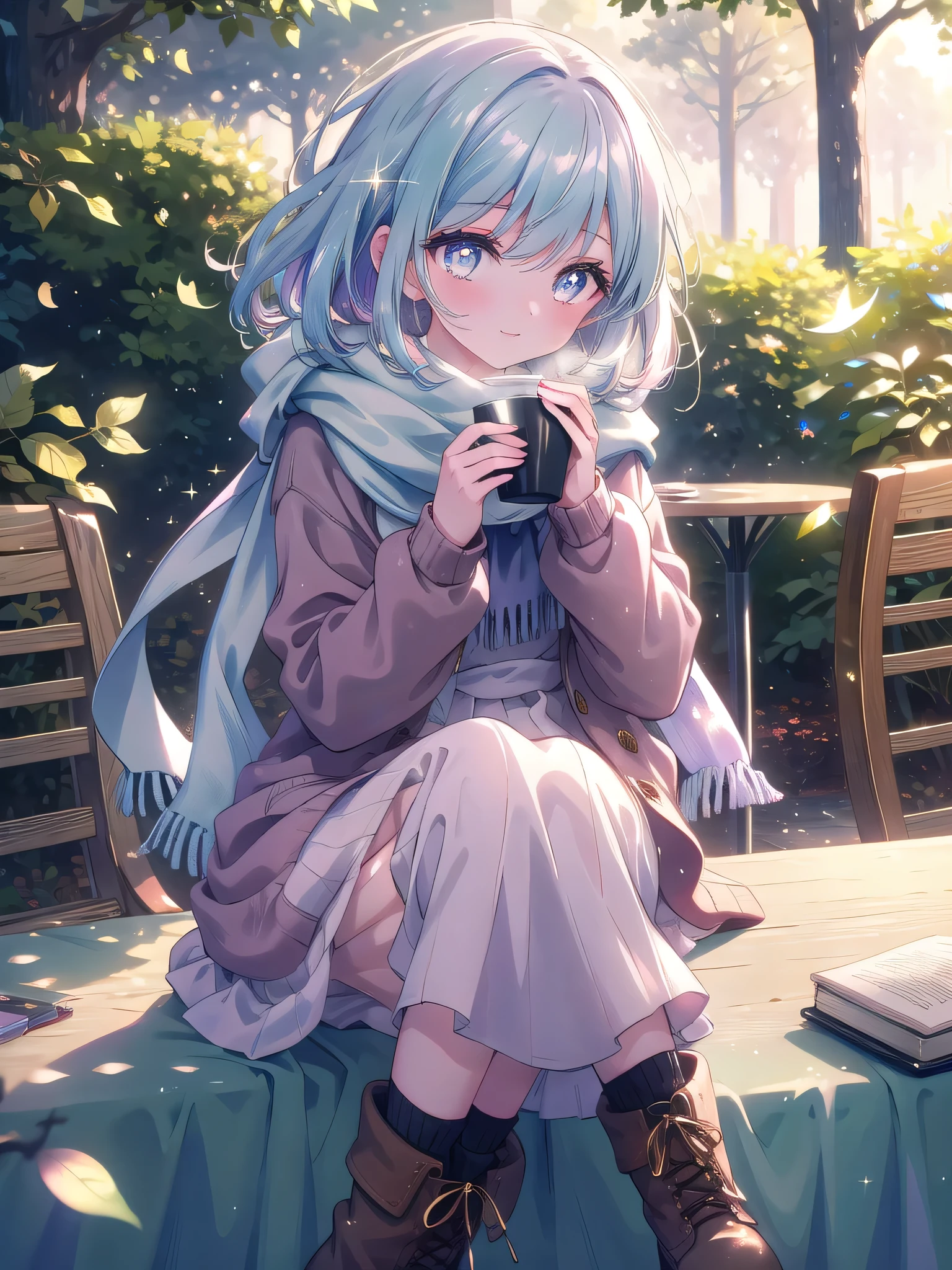 ((8k, Highest quality, masterpiece: 1.3)),Ultra-high resolution,(1 girl, alone), (Color changing eyes, Ultra-detailed, Expressive brilliance, Glitter, Glowing Eyes), Highly detailed eyes, Highly detailed face, Random Hair, ((pastel colour))A lovely woman sitting at an outdoor café, sipping on a cup of coffee as she enjoys a quiet morning. She’s dressed in a cozy knit sweater, a flowy skirt, and ankle boots, with a light scarf draped around her neck. The soft morning light filters through the leaves of a nearby tree, casting dappled shadows on the table. Her expression is serene and content as she gazes at the book in front of her, occasionally looking up at the camera with a gentle smile, inviting her boyfriend to join her in this peaceful moment.