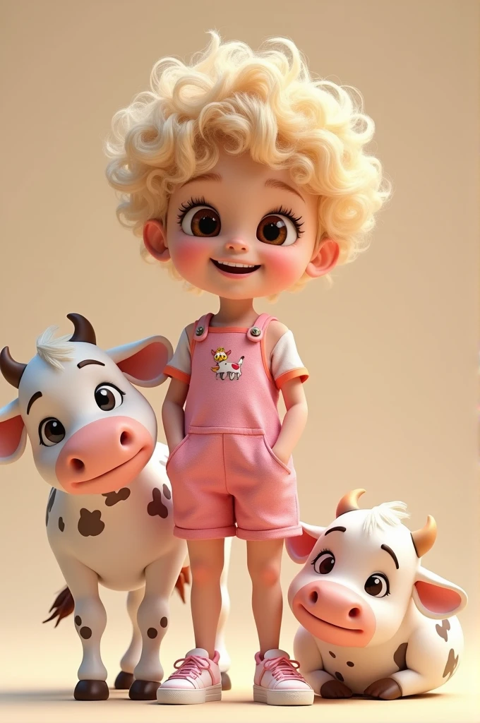 Create a 3D baby girl standing, extremely short blonde hair with curls,big brown hazel eyes, big eyelashes, happy in pink jumpsuit with shorts, next to a cute cow, clothes with cow embroidery, with hands in the pocket of the shorts,tennis,Caucasian skin.
