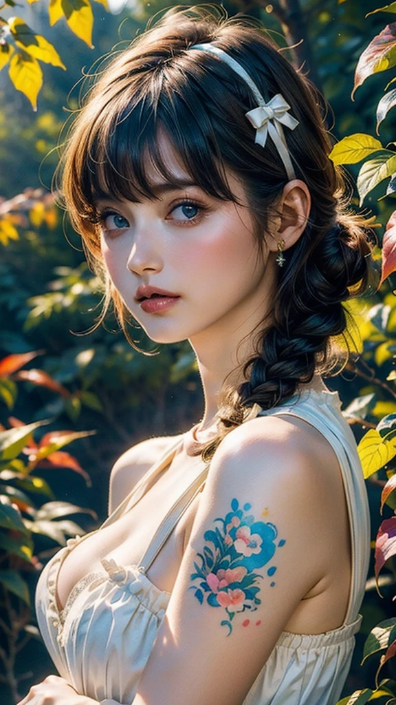 (8k, Highest quality, masterpiece:1.2),(Highest quality:1.2), (Ultra-high resolution:1.0), watercolor, Beautiful woman, shoulder, Hair Ribbon, Agnes Cecil, Half Body Portrait, Very bright and luminous design, pastel colour, (ink:1.3), Autumn Light,Large Breasts:1.6