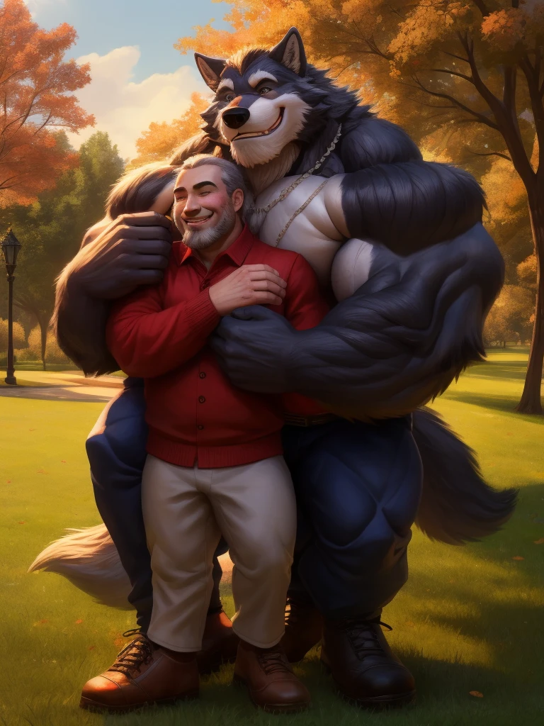 masterpiece, 4K, detailed, soft color, Vintage images, highres, park, absurdres, love story of human old man and giant huge Muscular furry wolf, hug, hugging, pair, Height difference, Physical difference, perfect anatomy, smile, joyful, play with, smile, happy