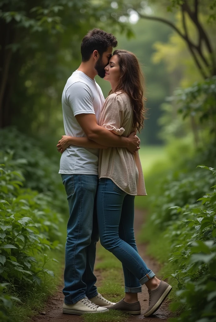 A cinematic medium shot of a man wearing a white t-shirt, jeans, and sneakers and a beautiful woman wearing jeans and a shirt both standing and hugging with tears in the middle of the way. The background is lush with greenery.