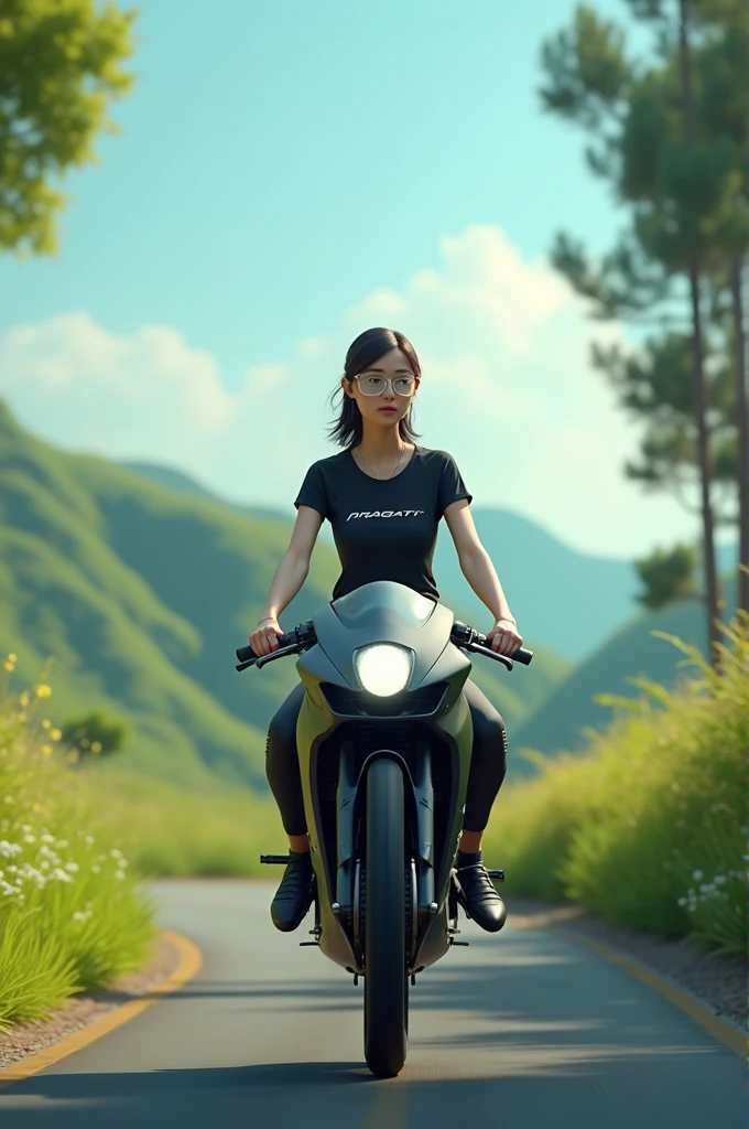 Create a AI 3D image a skinny woman wearing black colour shirt written PRAGATI on it and wearing transparent glass and riding bike written R15 on it and enjoying the nature