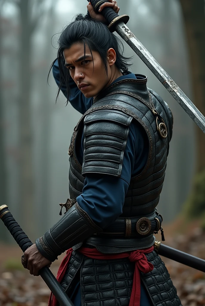 samurai warrior, ((masterpiece, highest quality, Highest image quality, High resolution, Raw photo, 8K)), ((Extremely detailed CG unified 8k wallpaper)), (huge stunning warrior shot, full body, musclural body beauty:1.4), black hair, black hair, nervous, Posing for the camera, In a warrior fighting stance, unkempt hair, a stern look, and dual swords, symbolizing his mastery of the dual-wielding technique.
Pose: Holding both swords, one above his head and one in front, in a ready stance, showcasing his adaptability and readiness., photorealistic, 16k, 8k, 4K, award winning