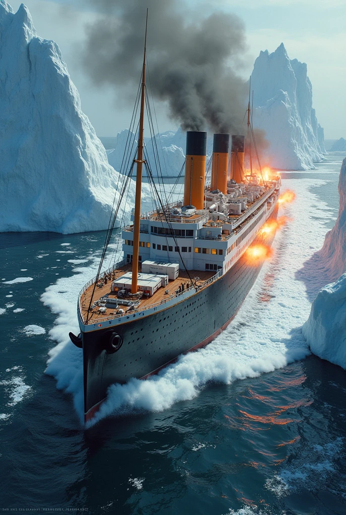 Build a Titanic with weapons of war shooting icebergs