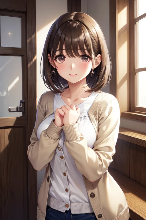 anegasaki nene、Shiny brown hair, short hair, (Beautiful brown eyes、Sparkling eyes, Fine grain)、smile、Ultra-detailed eyes、非常にDetailed face, Highly detailed eyes,Cowboy Shot、



Open the chest、cardigan、Laughter、room、8k、Delicate face、Detailed face、Simple Background