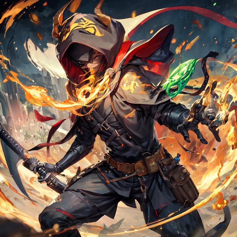 Ninja alchemist man in fully covered black clothes and wearing a hood with a horned demon mask covering his face with a katana and two hand crossbows
